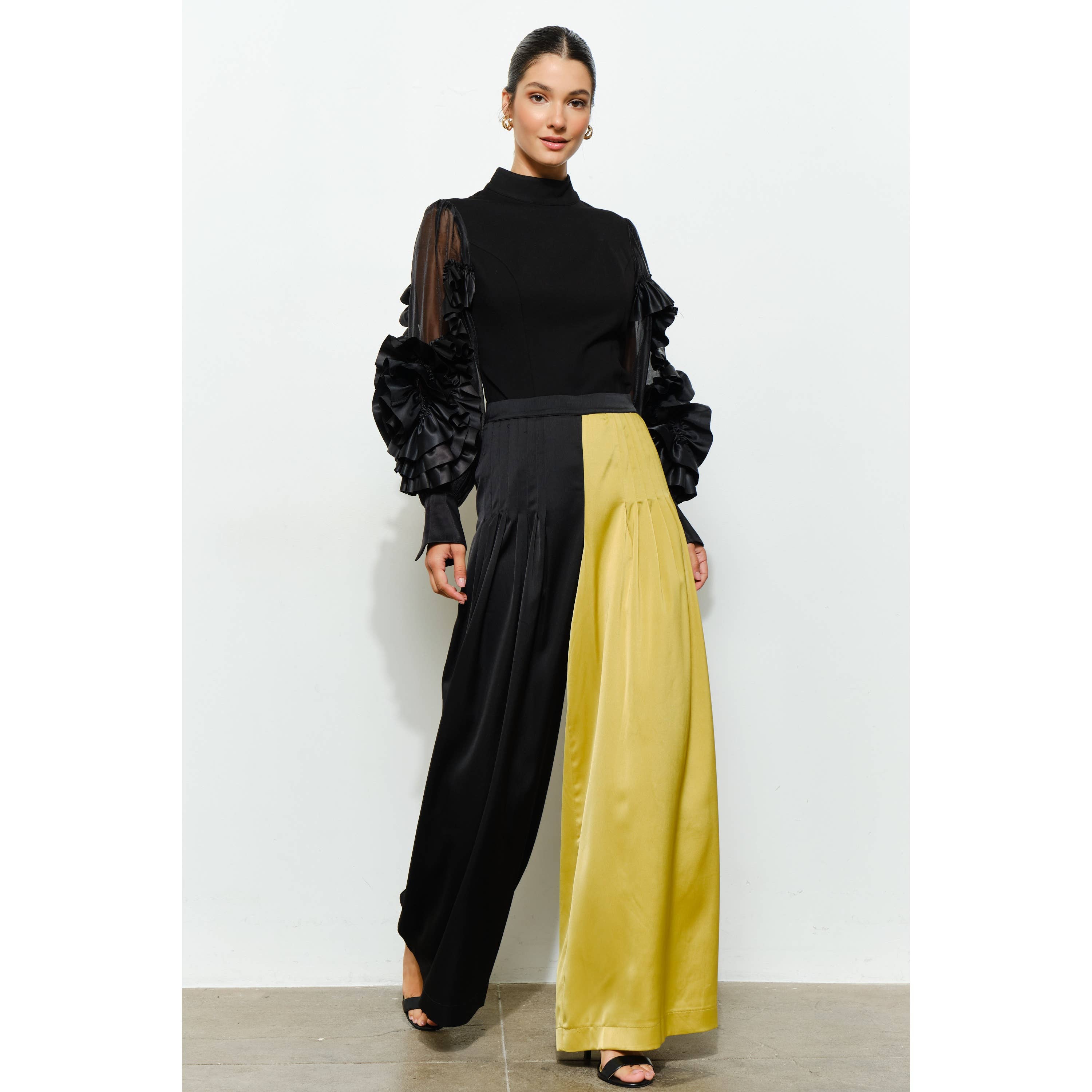 BLACK MUSTARD High Waist Color-Block Pleated Wide-Leg Pants for wholesale on Faire4