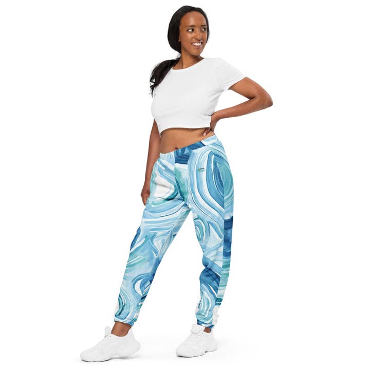 Pantalon d'échauffement tourbillon bleu pour la vente par Women Go Swish Athletic Wear