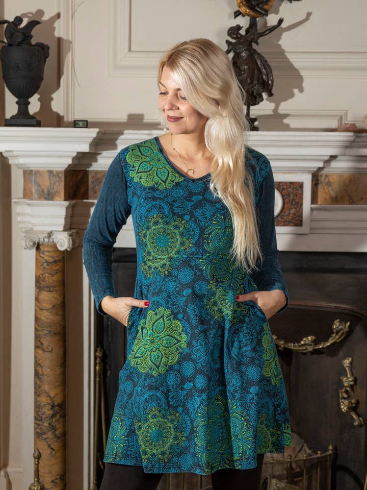 Astrid mandala print dress with pockets for wholesale by Wicked Dragon Clothing