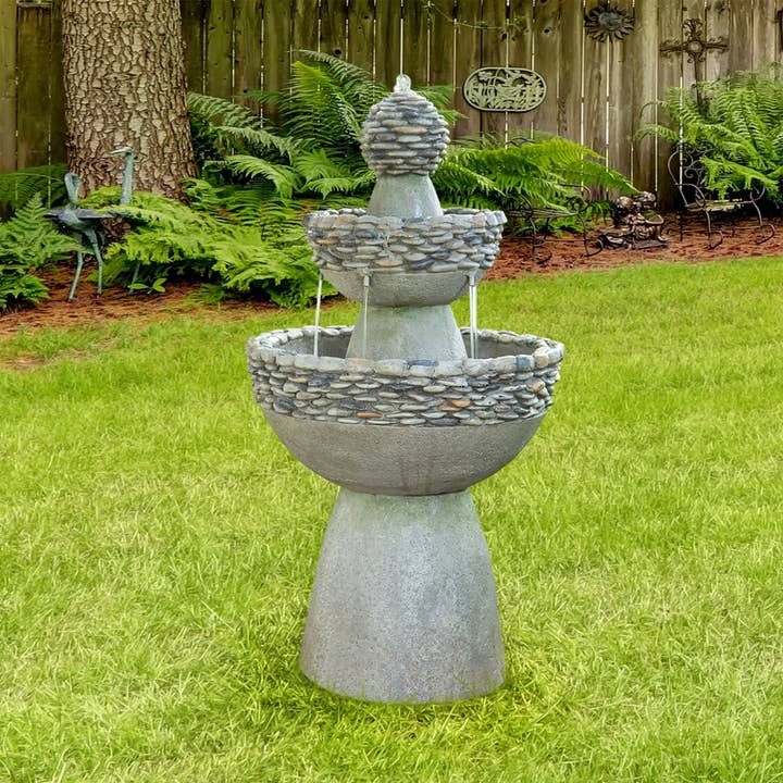Stone grey Outdoor Stone-Look 3-Tier Pedestal Floor Fountain, Gray for wholesale on Faire1