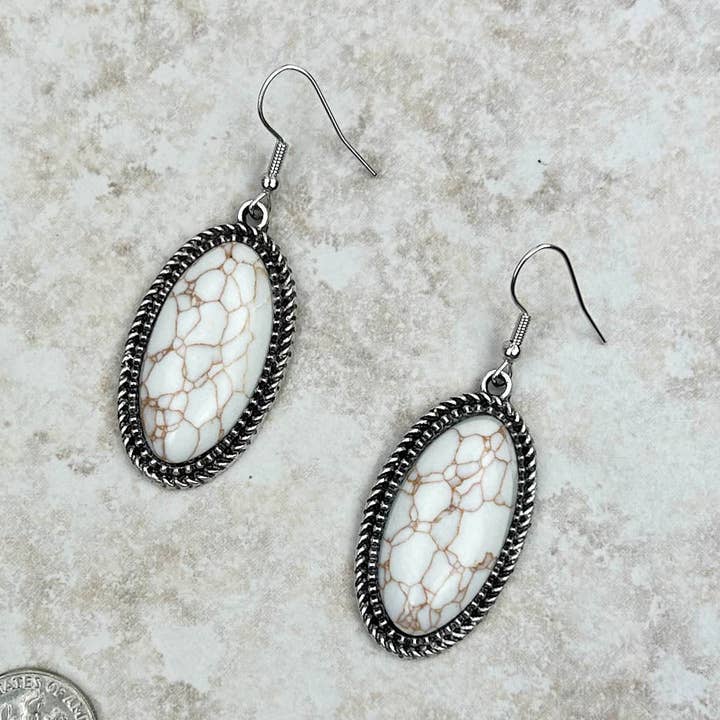Silver Oval Dangle Earrings with White Stone for wholesale by Western Elite Jewelry