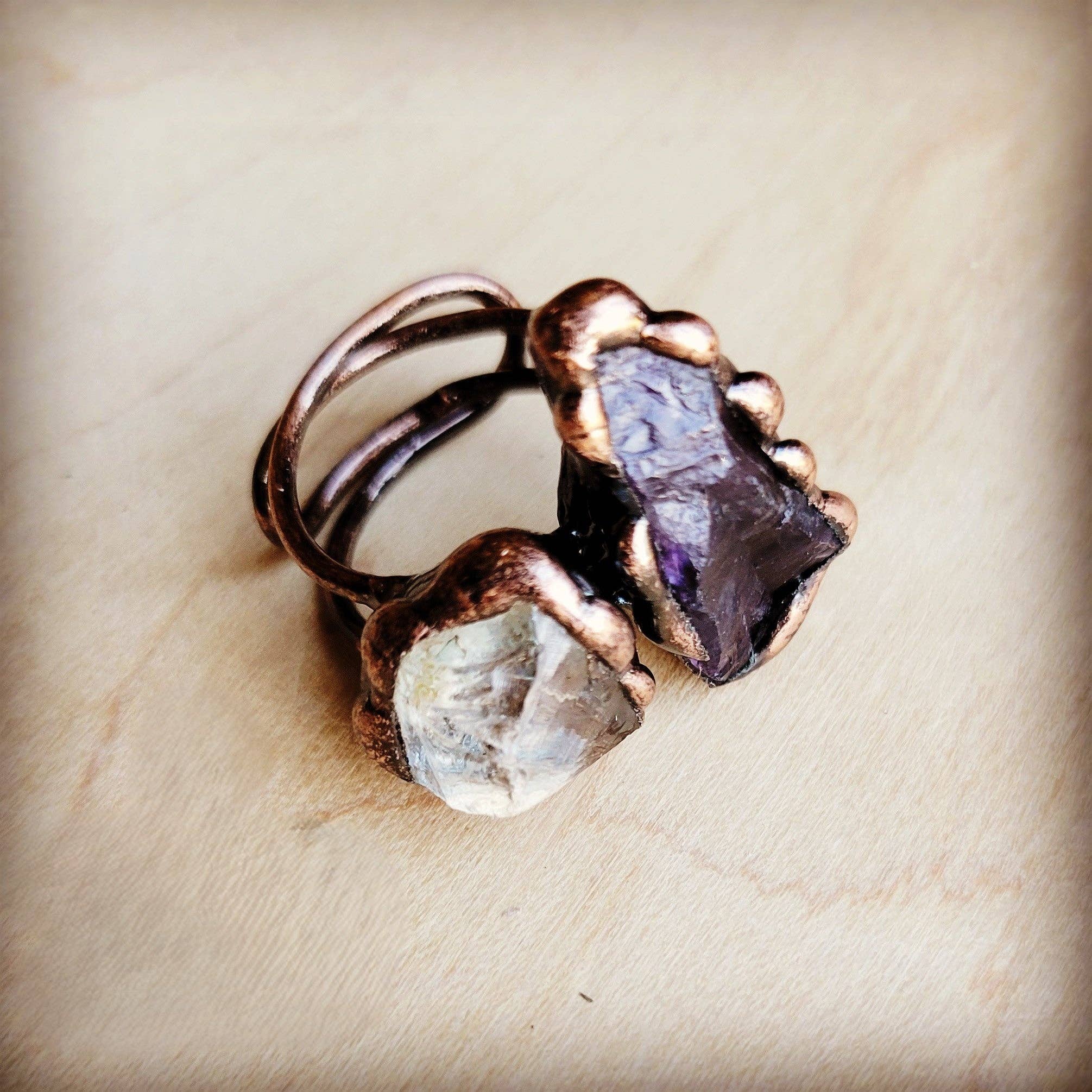 The Jewelry Junkie - Wholesale Cocktail/Statement Ring - Genuine Amethyst and Quartz Ring in a Copper Setting 012a1