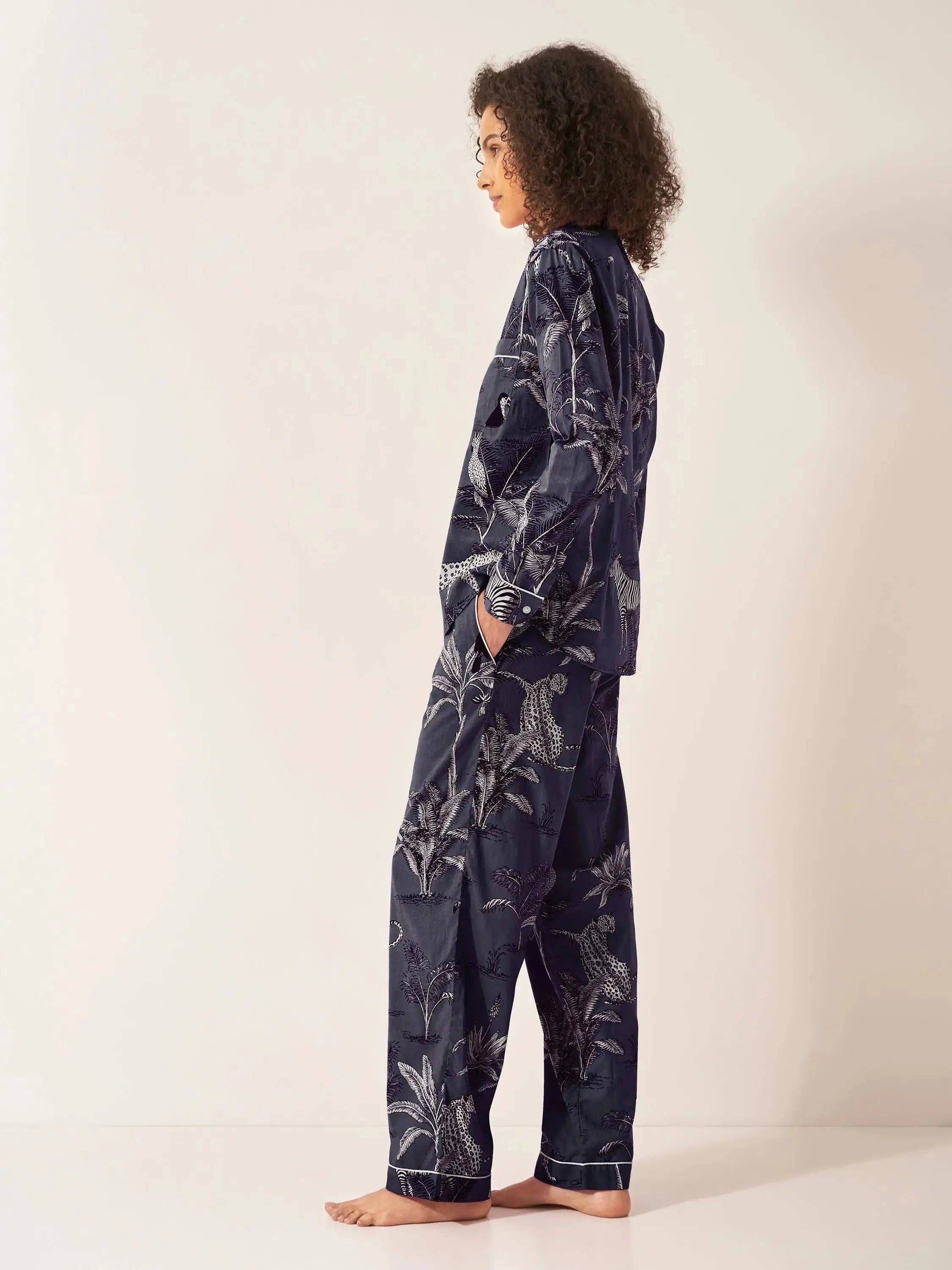Navy Jungle Women's Long Sleeve Organic Cotton Pyjama Trouser Set for wholesale on Faire2