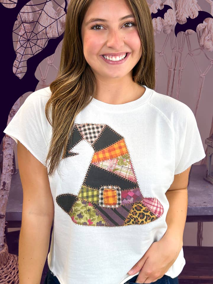 Patchwork Witches Hat Halloween Edgy Graphic Shirt for wholesale by Sugar Stitch