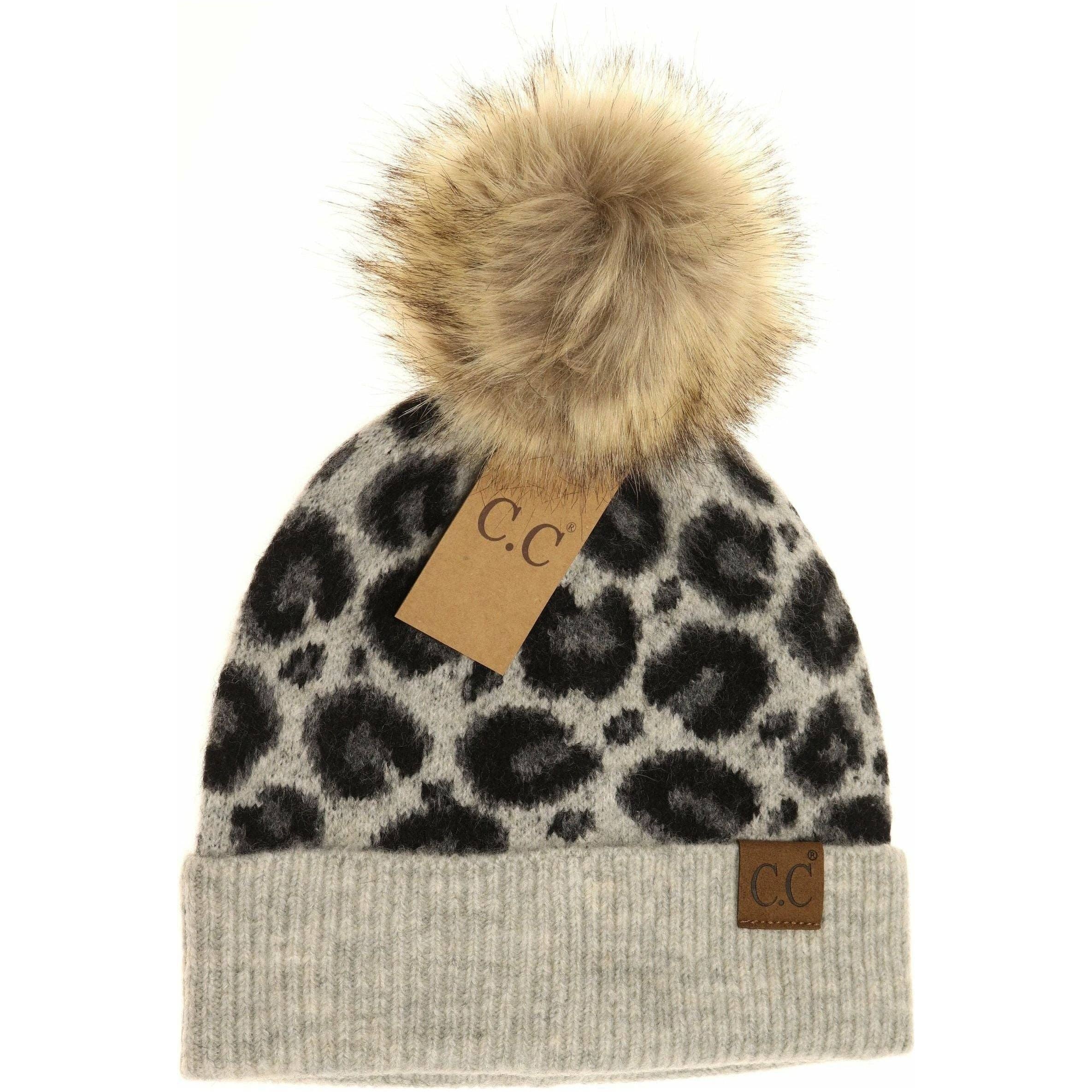 C.C Beanie - Wholesale Beanie - Women's - Leopard Pattern Faux Fur Pom Beanie HAT35132