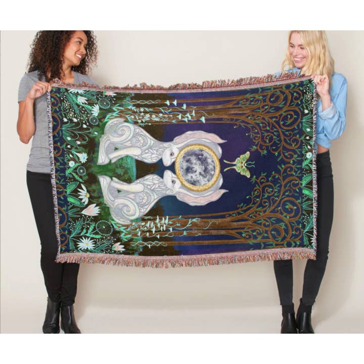 Blue Lunar Moth Hare Bunny Rabbit Mushroom Woven Tapestry Blanket for wholesale on Faire3