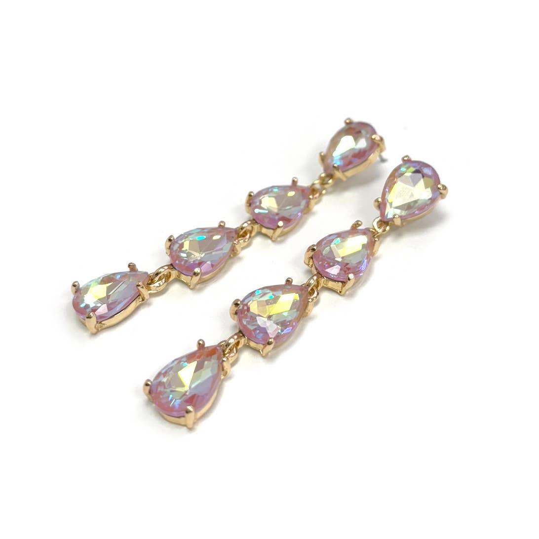 StarryNYC - Wholesale Dangle Earrings - Glass Stone Teardrop 4 Link Iridescent Crystal Earrings13
