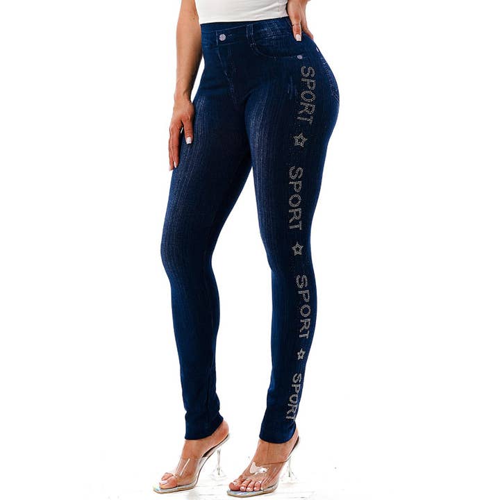 SPORT BLING FAUX DENIM JEANS LEGGINGS for wholesale by Clothing of America