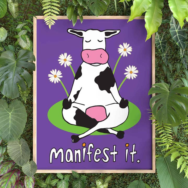 quirky burp illustrations - Wholesale Art Print - Manifest It Meditating Cow 8x10 in. Art Print0