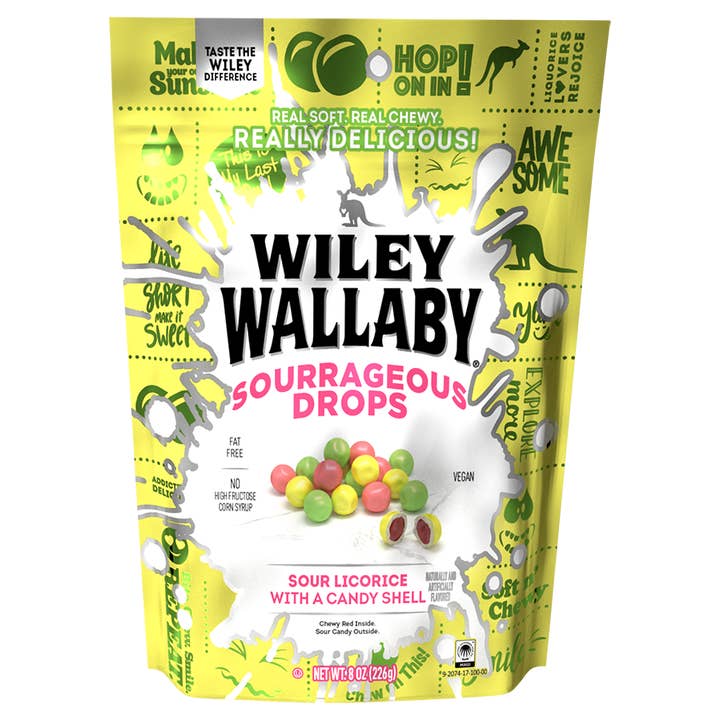 Grandpa Joe's Candy Shop - Wholesale Licorice - Wiley Wallaby Sourrageous Drops, 6oz Bag Sour Licorice 12ct