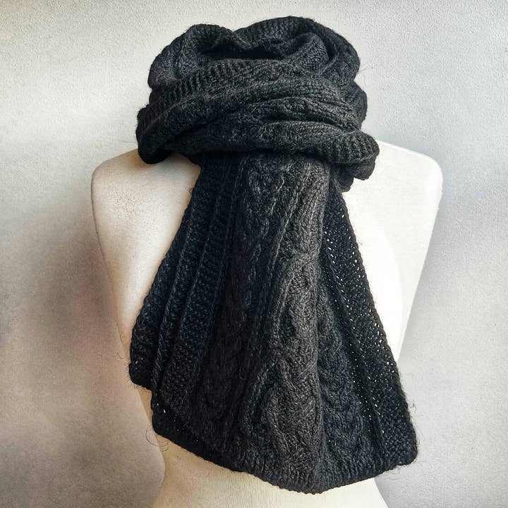 Alpaca Wool Cable Scarf Black for Men Women Knitted Scarves for wholesale by Ella Sussman