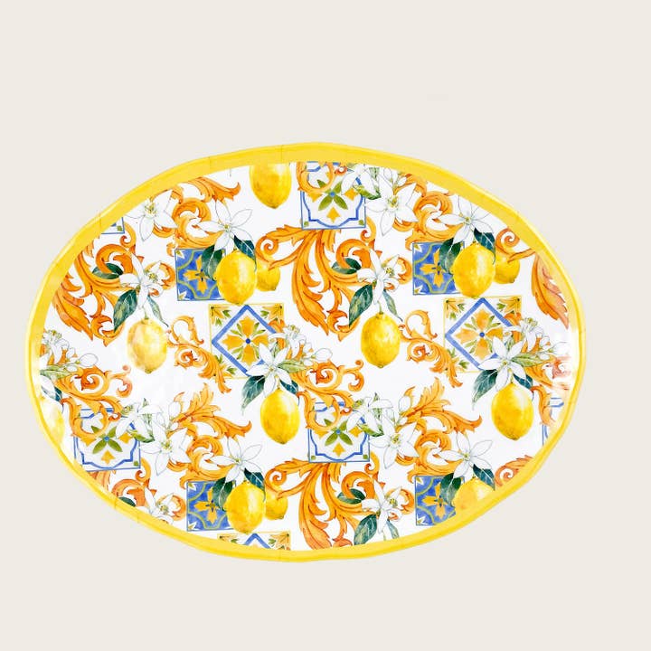 Ovalt fladt fad i melamin med citronmotiv 40x31cm for engroshandel hos ARCA ITALY