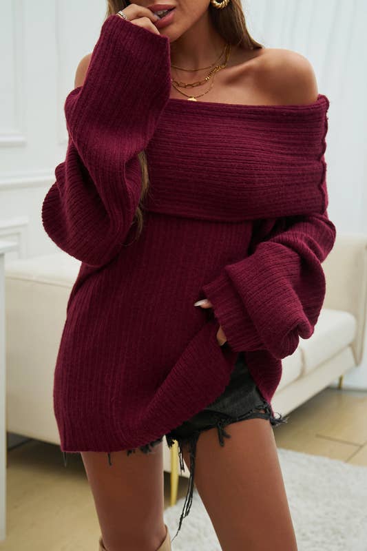 Supreme Fashion – wholesale Pullovertröja - Dam – Solid långärmad off shoulder lös tröja5