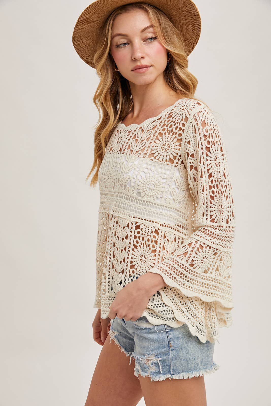 Bluivy - Wholesale Knit Top - Women's - CROCHET SHEER BELL-SLEEVE PULLOVER TOP1