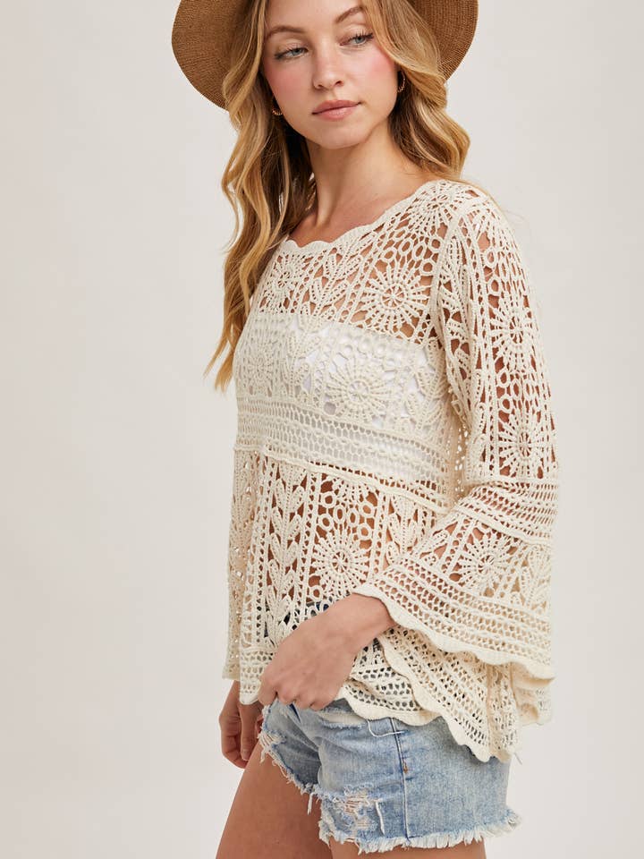 Bluivy - Wholesale Knit Top - Women's - CROCHET SHEER BELL-SLEEVE PULLOVER TOP1