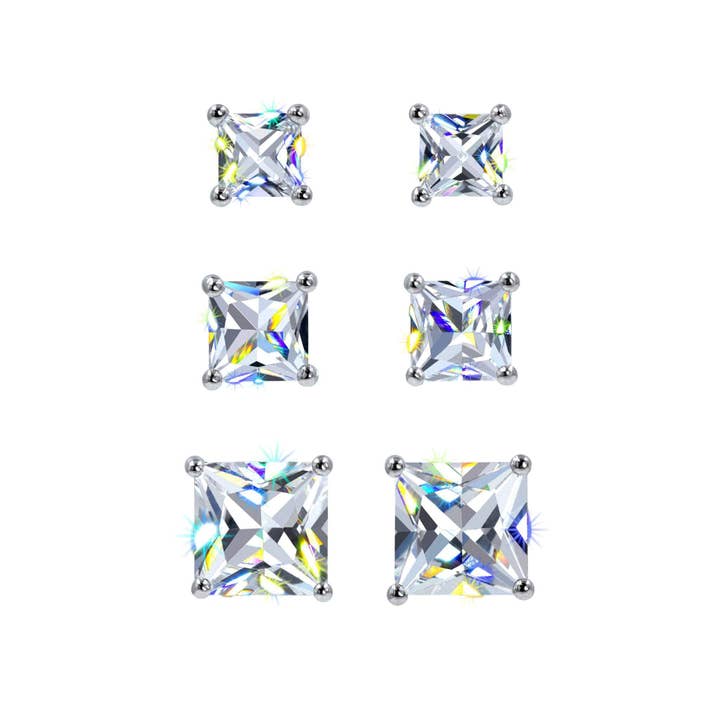 Bridal Store Jewelry - Wholesale Jewelry Set - #17445 - Princess-Cut Cubic Zirconia Stud Earrings Trio Set