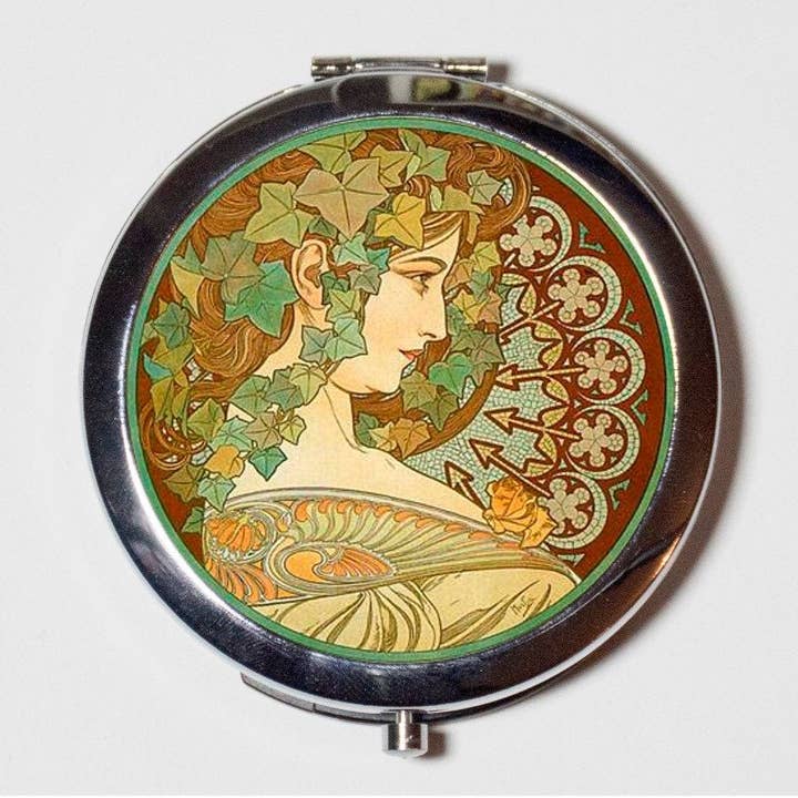 Alphonse Mucha Compact Mirror - Cameo Ivy Style Art Nouveau Boho Bohemian Gypsy - Make Up Pocket Mirror for Cosmetics for wholesale by FringePop