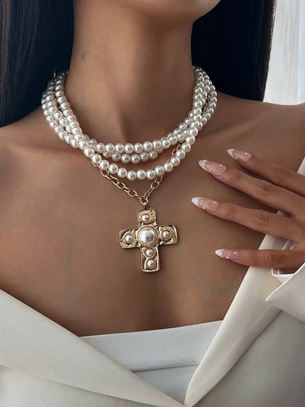 Triple pearl chain cross dramatic necklaces for wholesale by 1 Fashion
