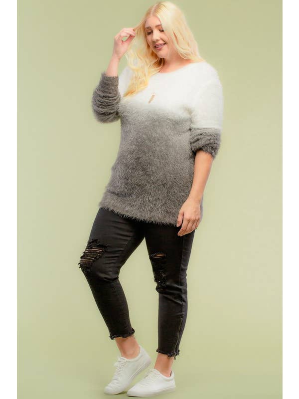 Doe and Rae - Wholesale Tunic Sweater - Women's - Dip Dye Plus Furry Sweater - 8346TPL