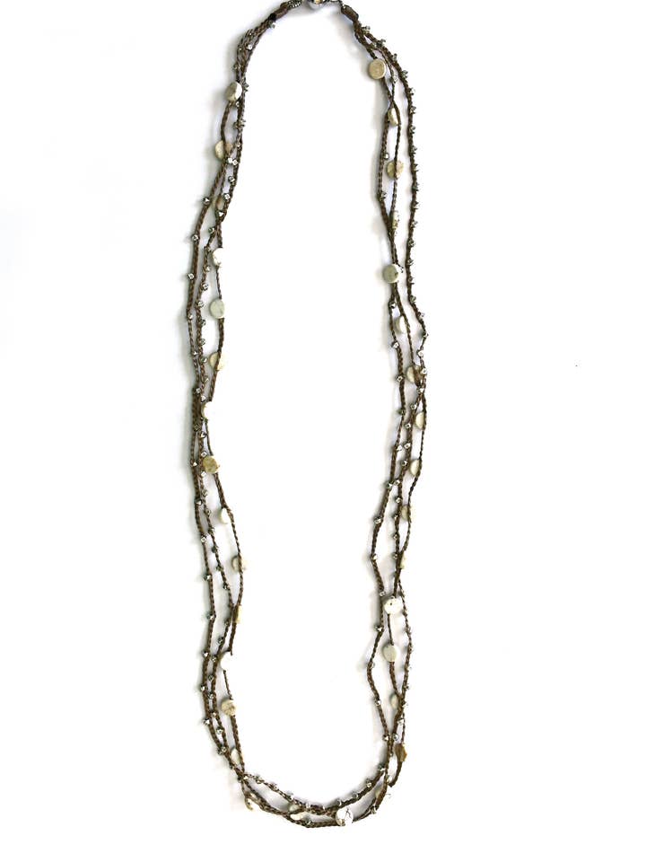 Long Silk Twine Beaded Necklace with White Turquoise Button for wholesale by Sea Lily