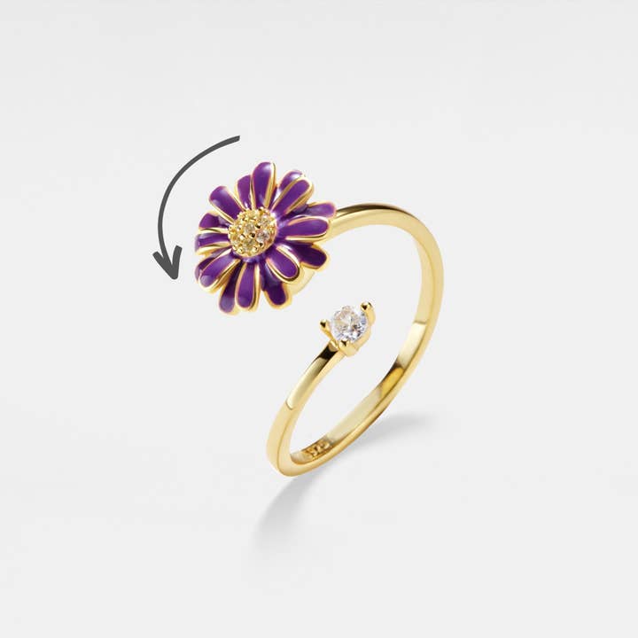 Perimade & Co. LLC - Wholesale Multi-Stone Ring - Purple Daisy Anxiety Fidget Spinner Ring in Sterling Silver