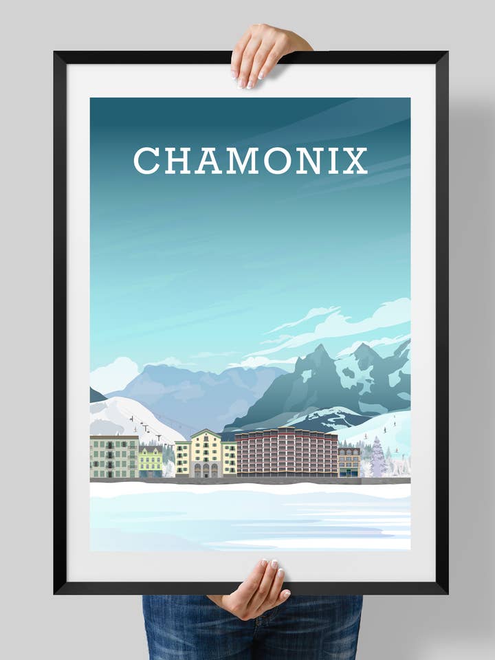 Chamonix skidaffisch, Mont Blanc, Franska Alperna för wholesale av Hillview Prints