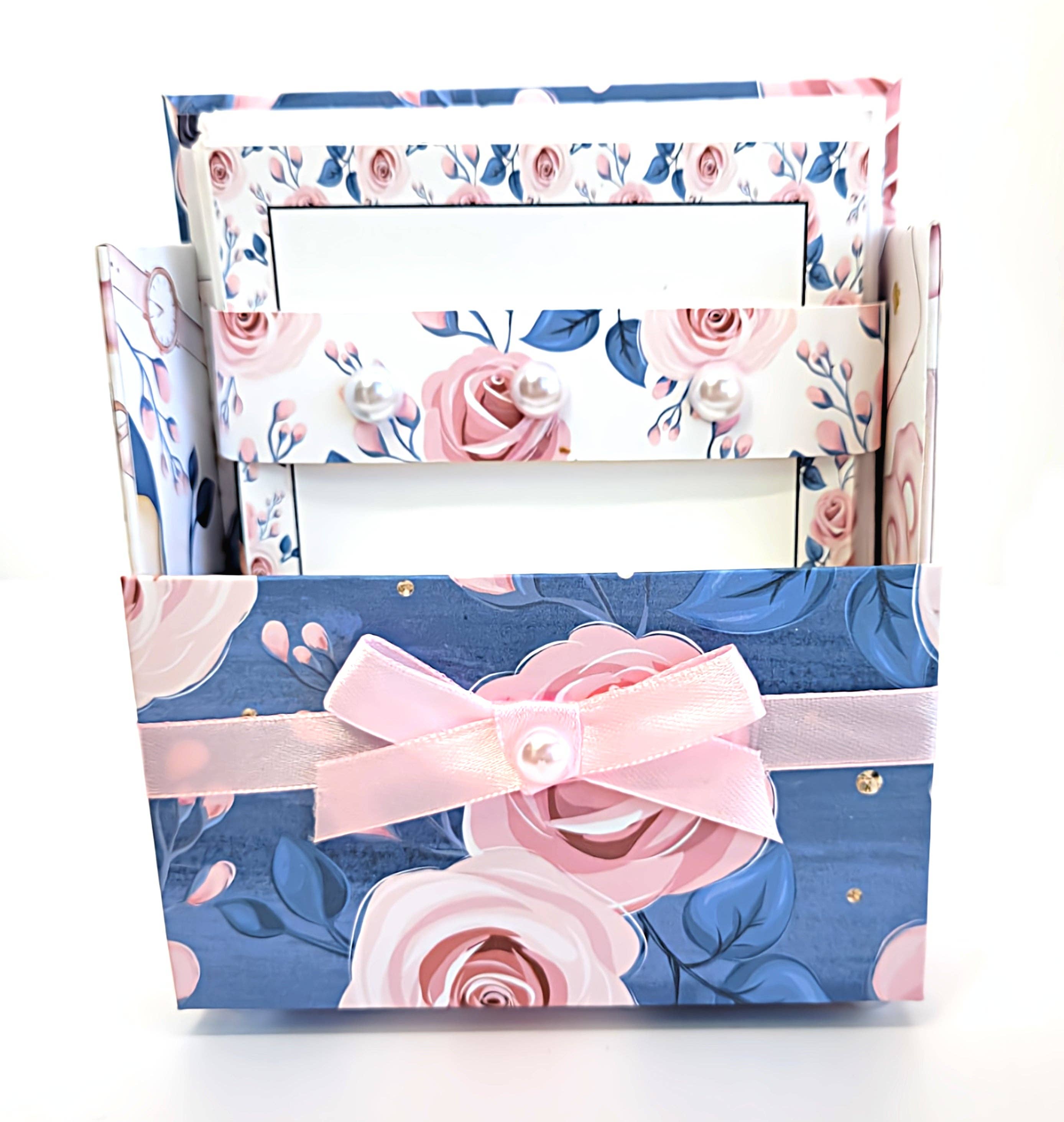 Chic Brico - Wholesale Stationery/Notecard Set - 42-Pc Stationery Gift Box Set w/Desk Organizer, Roses on Blu8