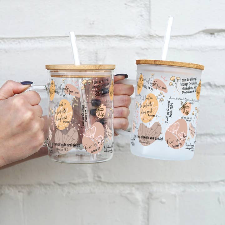Christian Affirmations and Bible Verses 17oz Glass Mug with Lid and Straw for wholesale by Sip-Sip Hooray!