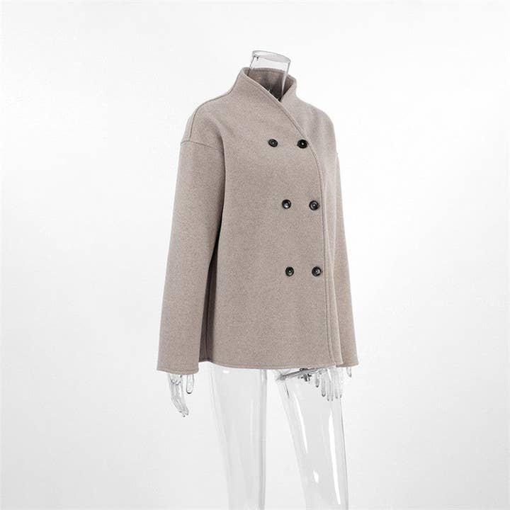 Brown Solid Thick Double Breasted Wool Coat for wholesale on Faire5