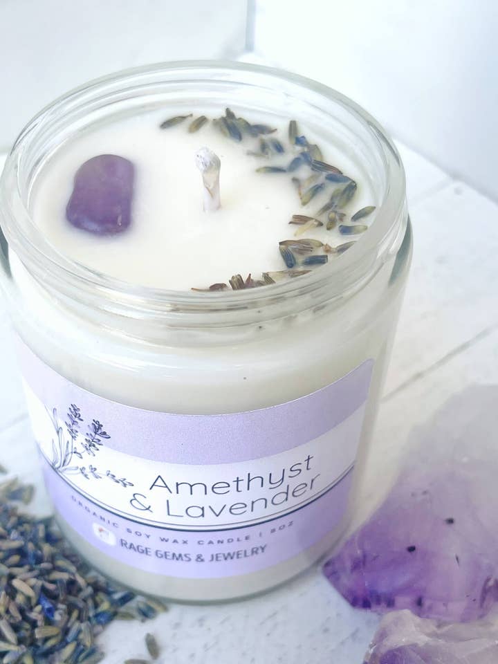 Candela di cera di soia biologica con ametista e lavanda per la vendita all'ingrosso da parte di Rage Gems & Jewelry