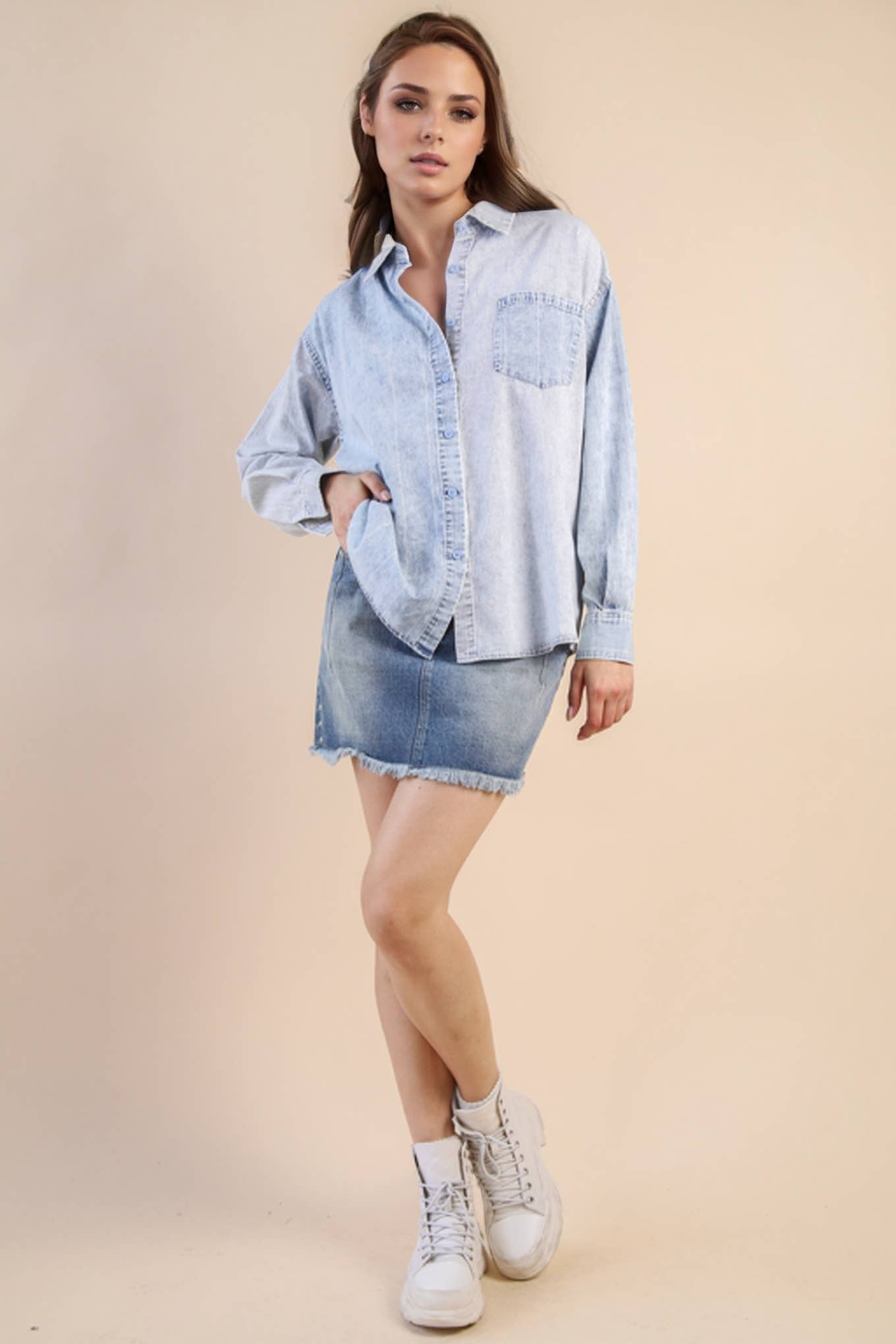 VERY J - Wholesale Button Down Shirt - Women's - NT12282-Mineral Washed Colorblock Striped Shirt Top9