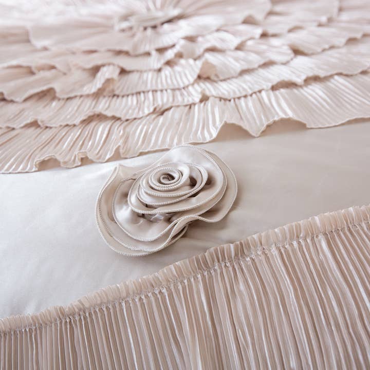 Tache Home Fashion - Wholesale Bedding Set - Tache Satin Ruffle Luxury Floral Champagne Beige Frosted Field Comforter Set (MZ1051)1