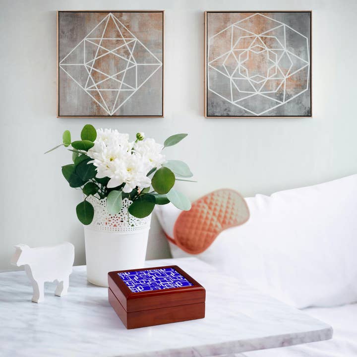 3dRose - Wholesale Jewellery box/organiser - 3dRose, Retro MCM Square Motif Vintage Pattern 3 Blue, Jewelry Box3