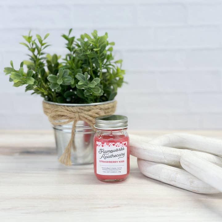 Strawberry Kiss 1.5 oz Mini Mason Jar Candle for wholesale by Flameworks Apothecary