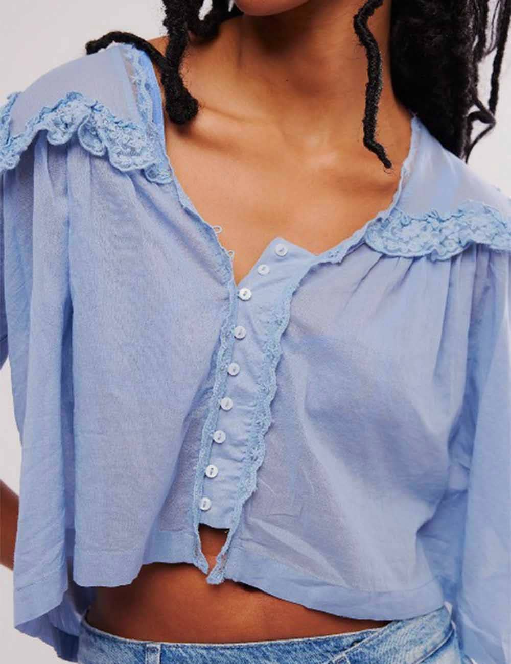 Sweetkama - Vente Chemisier – femme - Blouse en dentelle à manches courtes avec col Claudine pour femme9