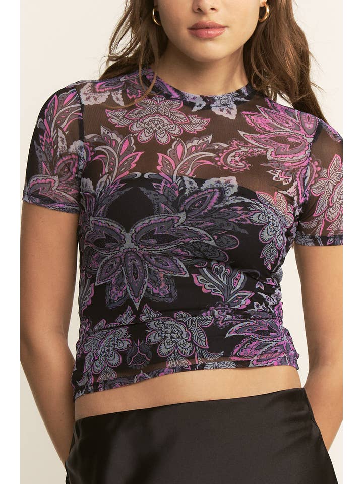 YNEZ - Wholesale Blouse - Women's - Boho Paisley Crew Neck Mesh Dressy Cocktail Top Tee10