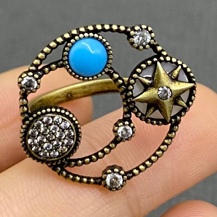 Vintage Lucky Star Compasses Bronze Adjustable Ring for wholesale by Mio Queena