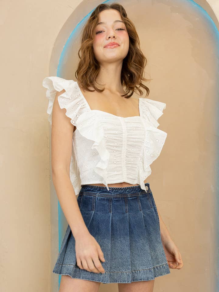 JOT1088 Top Curto com Folhos e Bordado Inglês por atacado de Heyson