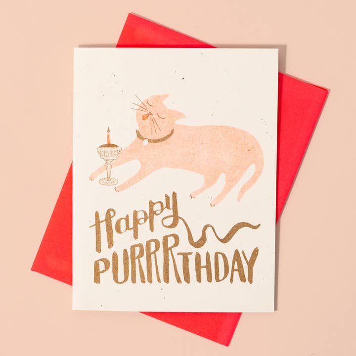 Happy Purrrthday - risograph verjaardagskaart voor wholesale door Bromstad Printing Co.