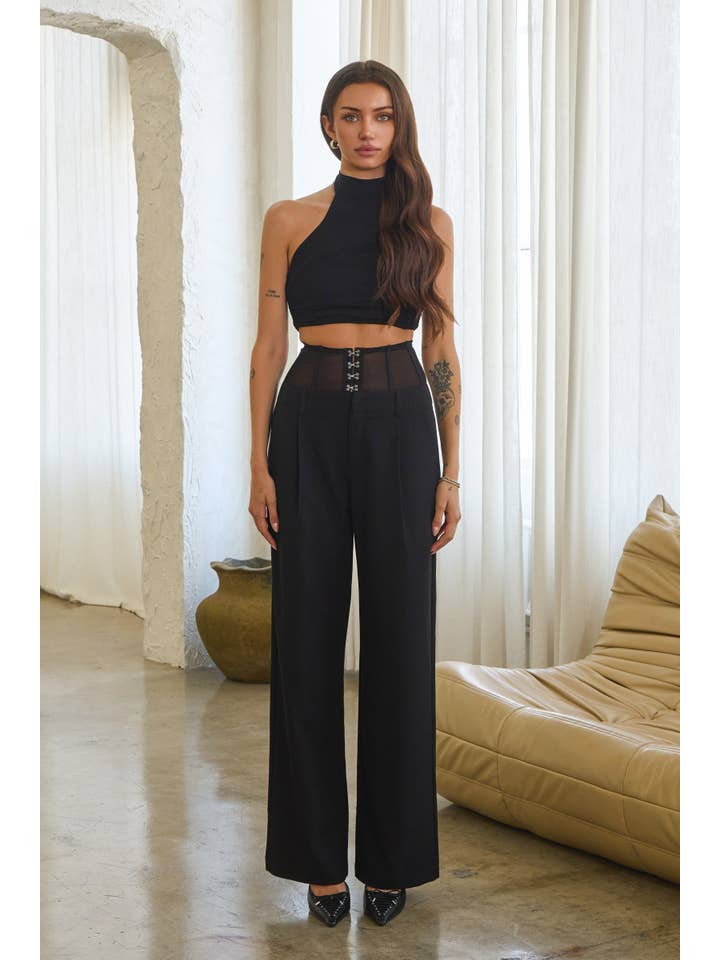 Black Mesh corset hook & eye wide leg woven slacks for wholesale on Faire2