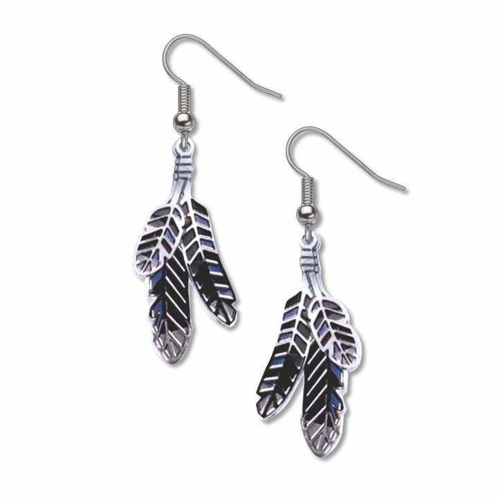 Boucles d'oreilles plumes de geai bleu, FABRIQUÉES aux É.-U. pour la vente par David Howell and Company