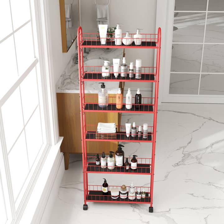 Orange County Decor - Wholesale Free Standing Shelf - Red 6 Tier Rolling Cart Gap Kitchen Slim Slide Out Storage Tower Rack With Wheels,6 Baskets,Kitchen,Bathroom Laundry Narrow Piaces Utility Cart Red Kitchen American Design,American Traditional Metal