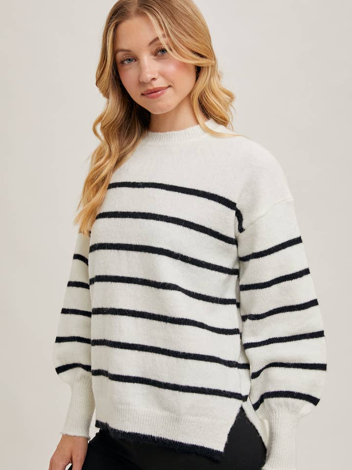Bluivy - Wholesale Knit Sweater - Women's - STRIPED SIDE SLIT KNIT SWEATER PULLOVER1