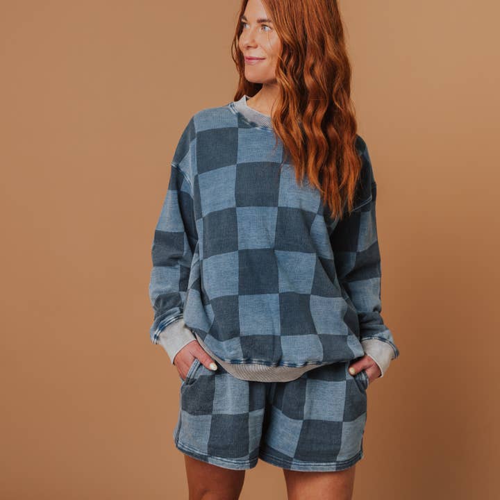 Adult Unisex Crewneck - Blue Denim Check for wholesale by RAGS