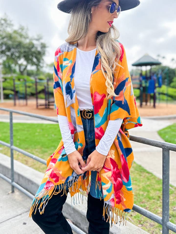 Flerfärgad Multi levande blommigt tryckt kimono kofta med tofs för wholesale på Faire