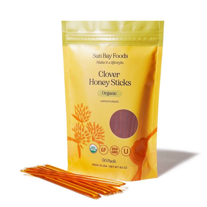 Organic Clover Honey Sticks for wholesale by Sun Bay Foods