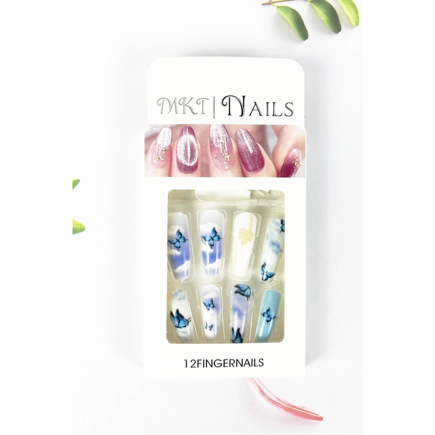 ASSORTED LONG COFFIN SHAPED PRE GLUED NAIL OF BUTTERFLY FLOWER PRINT for wholesale on Faire2