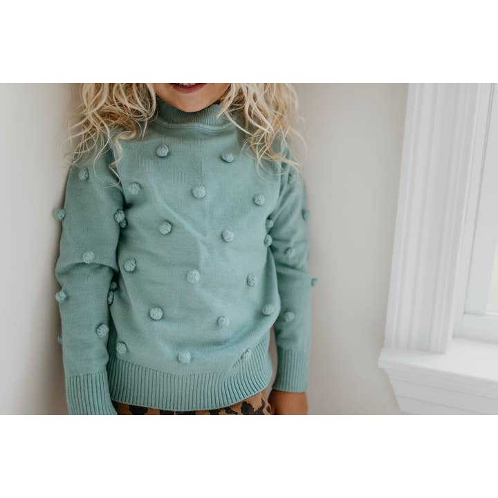 Adorable Sweetness - Wholesale Knit Sweater - Kids - Kids Teal Pom Pom Fall Winter Crew Neck Sweater