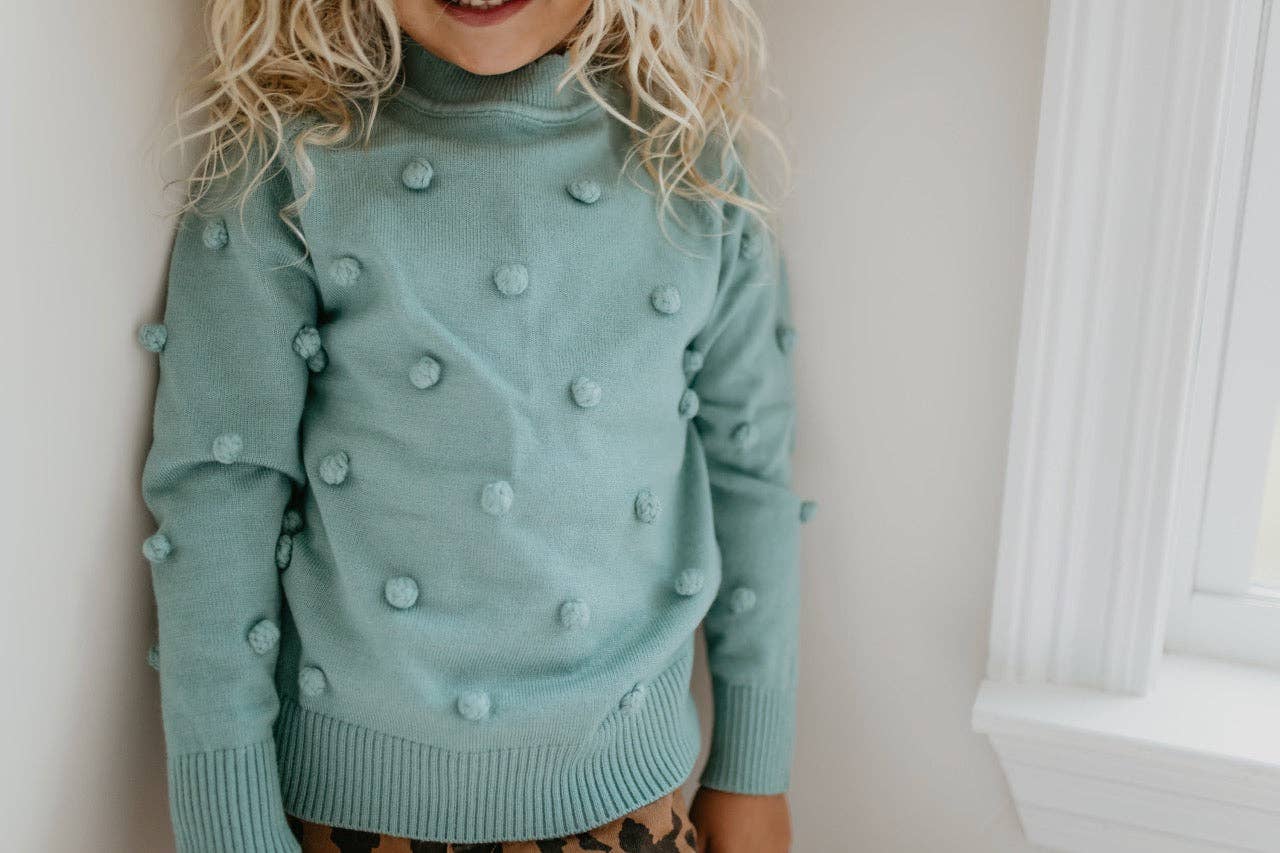 Adorable Sweetness - Wholesale Knit Sweater - Kids - Kids Teal Pom Pom Fall Winter Scalloped Crew Neck Sweater