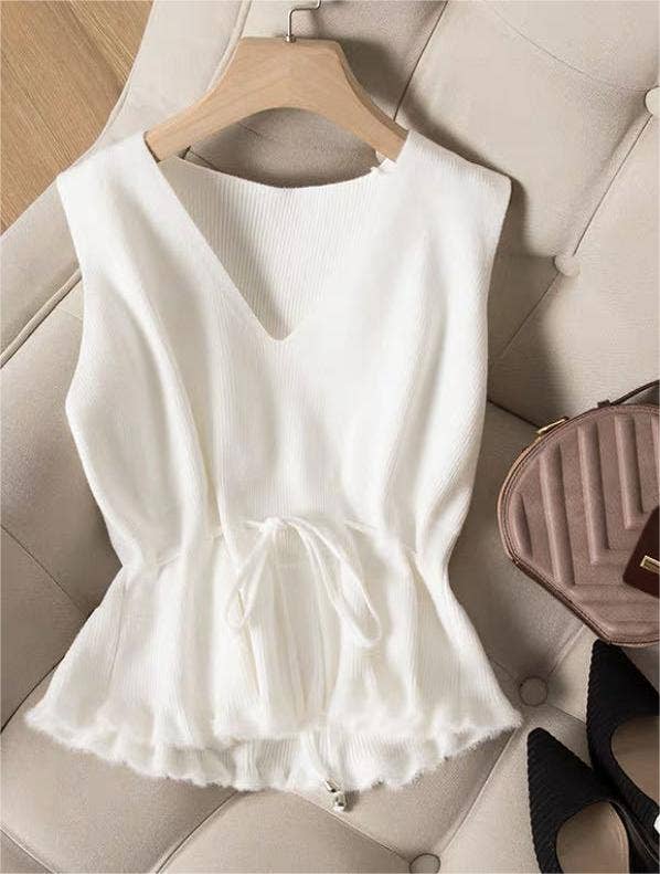 Sweetkama - Wholesale Knit Top - Women's - V-Neck Flounce Waist Tie Women Knit Vest 7772